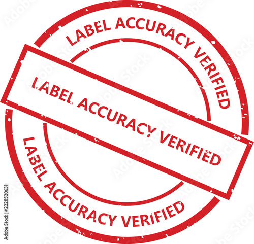 Red rubber stamp with the text label accuracy verified inside a circular border with a rectangular overlay, isolated on a white background