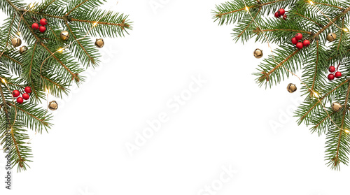 Christmas pine fir branch border with red berries isolated on transparent background png