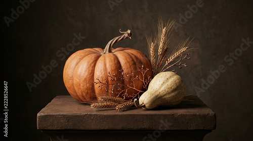 A large orange pumpkin and small gourd arranged on a dark rustic pedestal