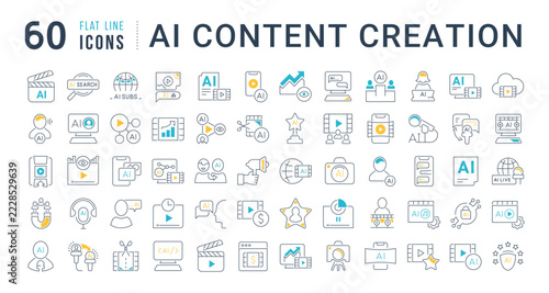 Flat line vector icon set for AI content creation, generative AI and video production for mobile apps and web interfaces. Editable strokes.