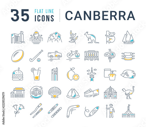 Flat line vector icon set for Canberra, Australian capital and travel tourism with color accents. Editable strokes.