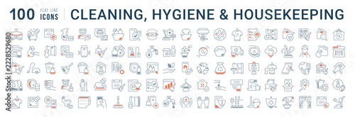 Flat line vector icon set for cleaning service, hygiene and housekeeping for mobile apps and web interfaces. Editable strokes.