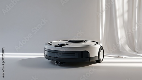 Round robot vacuum cleaner beside a white curtain