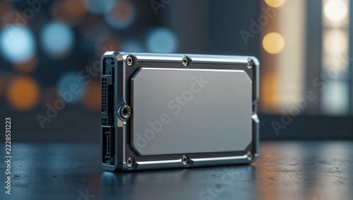 Metal computer storage drive on a dark reflective surface