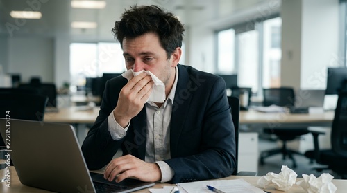 Businessman sneezing at office desk during flu season with copy space