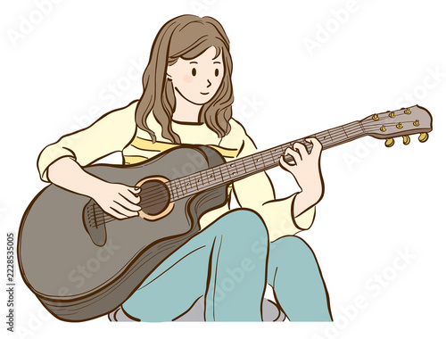 ギターを弾く若い女性のイラスト