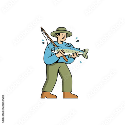 Fisherman Holding a Trout, Colorful Flat Icon Sticker for Outdoor Recreation