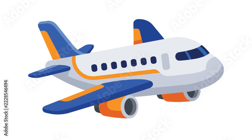 Commercial airplane illustration features a white fuselage with blue and orange accents
