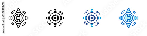 Global Network Connection Multiple Style Icon Design Vector - Globe surrounded by people with signal waves representing global network, remote teamwork, and outsourcing