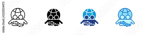 Global Trade Partnership Multiple Style Icon Design Vector - Globe with two people and exchange arrows representing international trade, global partnership, and cooperation