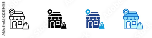 Local Store Shopping Multiple Style Icon Design Vector - Storefront with location pin and shopping bag representing local store, retail shopping, and business location