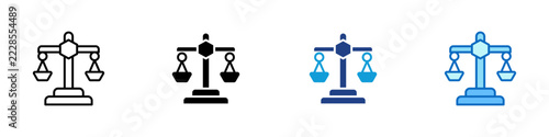 Justice Balance Scale Multiple Style Icon Design Vector - Balance scale with hexagon pivot representing justice, legal fairness, and equal rights in law and governance