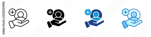 Healthcare Patient Support Multiple Style Icon Design Vector - Hand holding patient with medical cross representing healthcare support, patient care, and health insurance