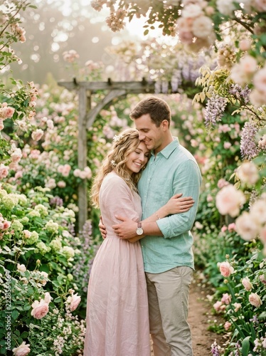 A Loving Couple in a Rose Garden With a Wooden Arch Surrounded by Pink Flowers