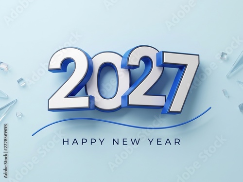 Modern Happy New Year 2027 Greeting Design with 3D White and Blue Numbers on Light Blue Background