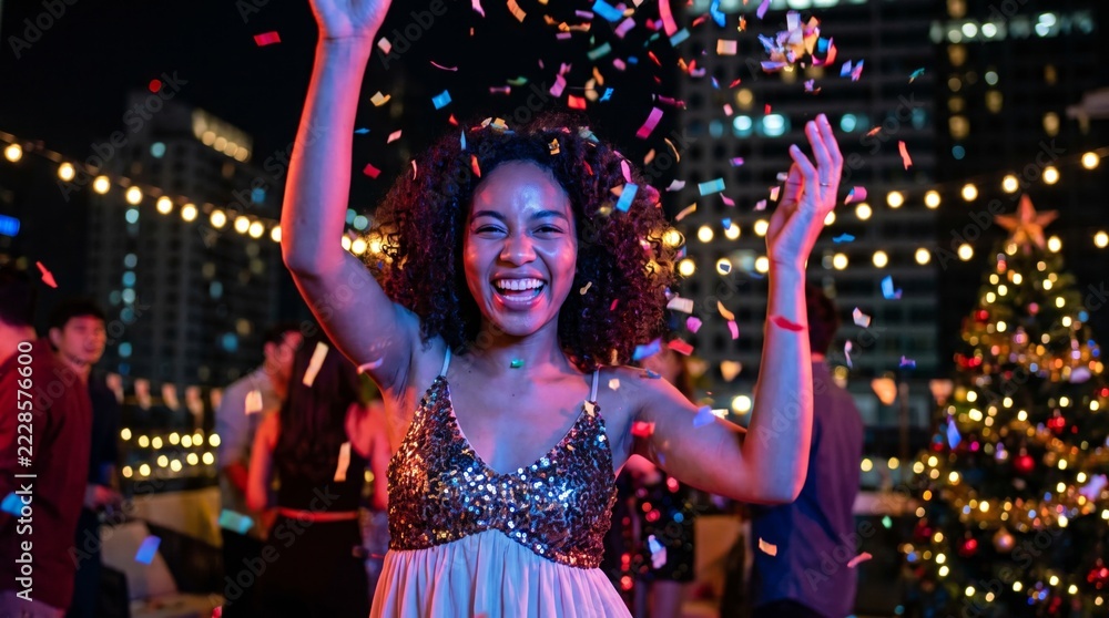 Fototapeta premium Woman celebrating with confetti at nighttime rooftop party