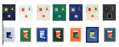 Christmas stamps and holiday greeting card set with festive stockings, gift boxes, pine trees, and snowflakes in stitched frames