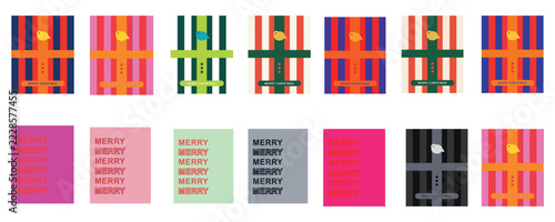 Set of colorful christmas greeting card designs with abstract patterns, birds, and typography