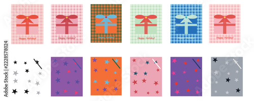 Set of festive gift wrapping paper patterns with present boxes and star designs for holiday greeting cards and gift tags