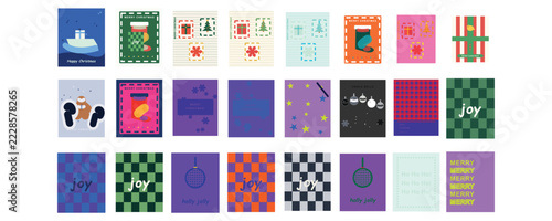 Set of retro christmas greeting cards and holiday postcards with graphic festive illustrations