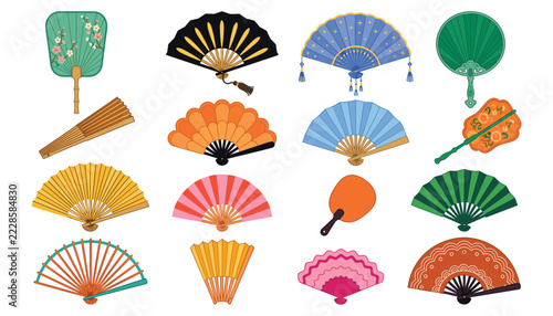 Fotografie Traditional oriental hand folding fans collection set