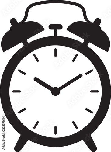 Classic alarm clock icon simple black and white vector illustration for time management and morning routine concepts isolated on white