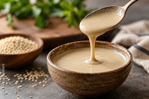 Tahini dressing falling from a spoon into a small bowl
