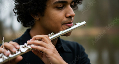Young male playing flute outdoors with a focused expression  