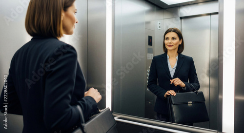 Businesswoman with handbag checking reflection in elevator mirror  
