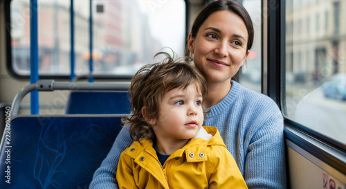 Mother and child sitting together on a bus, enjoying the ride  