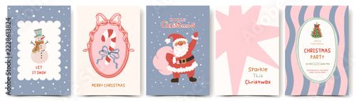 Christmas poster set with Santa Claus, snowman, candy cane, ribbon bow and Christmas tree in playful hand drawn style. Vector template for greeting card, cover, banner, print, wall decor