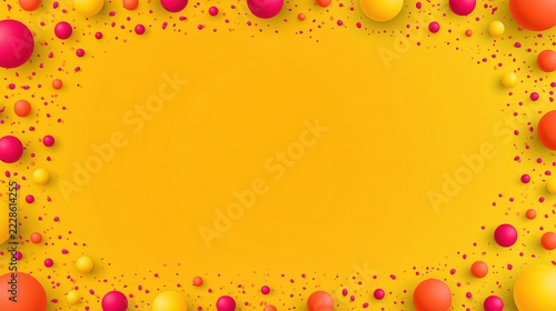 Bright yellow background with colorful balloons and confetti