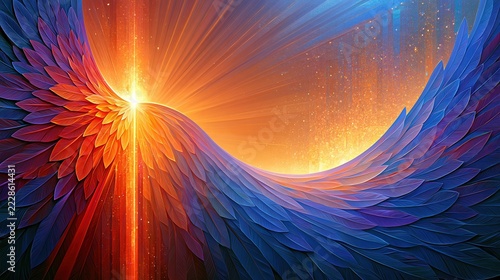 Abstract background of glowing feathers and light rays