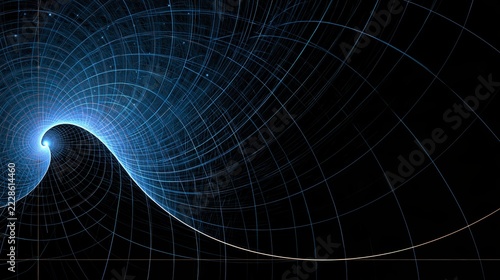 Abstract blue glowing grid tunnel with light at the end