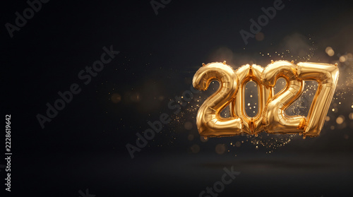 Golden 2027 foil balloons with sparkling confetti on black background
