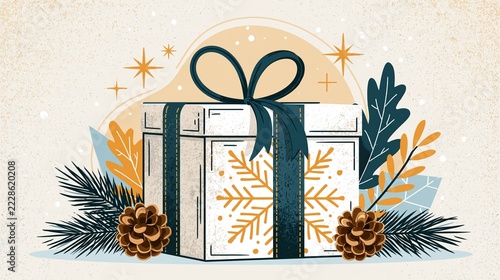 Festive Christmas Gift Box with Snowflake Design and Pine Cones