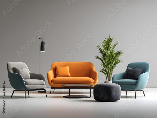Modern modular furniture showroom displaying colorful contemporary sofas, lounge chairs, ottomans and coffee tables, balanced spacing, soft shadows and neutral background, polished 3D product