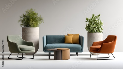 Modern furniture design presentation with modular sofas, minimalist armchairs, low coffee tables and sculptural side tables, muted earth-tone upholstery, individual pieces arranged in a balanced