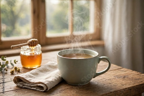 Cup of Tea with Steam on Wooden Table by Window