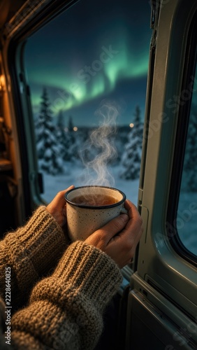 Hands holding steaming mug beside train window beneath northern lights in snowy landscape