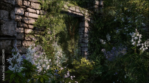 Behind ancient stone walls, a hidden garden flourished, untouched by the world, where vibrant flowers entwined with vines and jasmine scented the air, as if time had forgotten to pass.