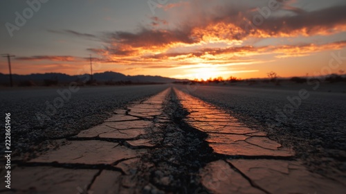 Beneath the fading orange dusk, the deserted road stretched through the barren desert, its cracked surface silent under wind-whipped sand, like a path to nowhere.