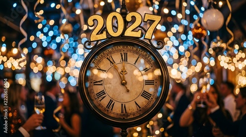 Festive New Year 2027 Celebration with Clock and Party Lights