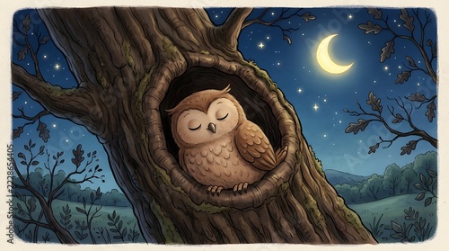 Cute Owl Sleeping in Tree Hollow Under Starry Night Sky