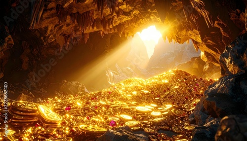 Hidden underground cavern illuminated by golden sunlight with treasure heap