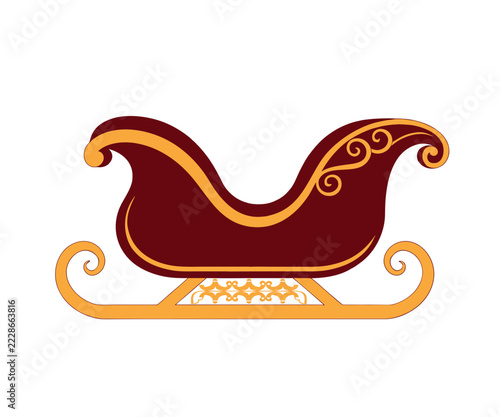 Christmas Sleigh Red Wooden Body Golden Runners Icon Vector