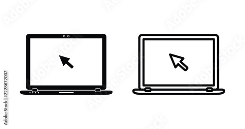 Laptop Icon Set with Cursor and Screen Symbols. Outline and Solid Style Editable Vector Illustration.