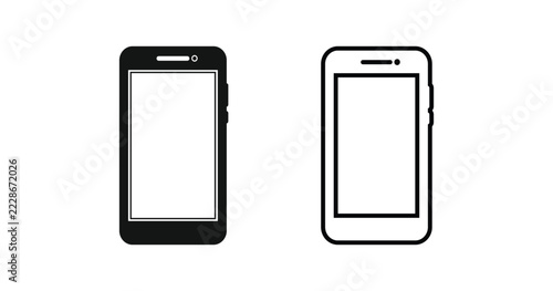 Mobile Phone Icon Set with Smartphone, Touchscreen and Camera Symbols. Outline and Solid Style Editable Vector Illustration.