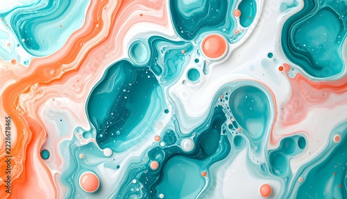 Abstract Fluid Art Painting with Swirls and Blobs of Coral Blue and White Colors