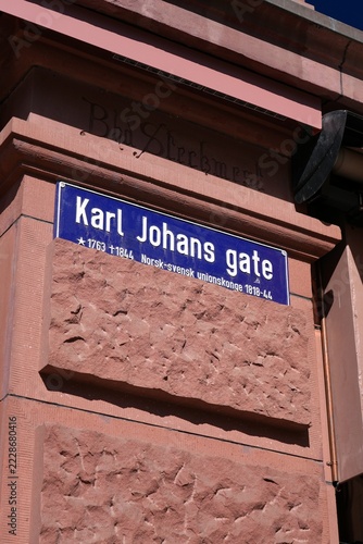 Fotografie Street sign in Oslo city in Norway. Karl Johans Gate street.